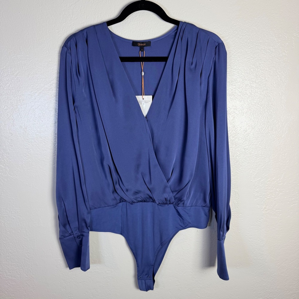 New Quince Women's L Washable Stretch Silk Surplice Bodysuit Moonstone Blue